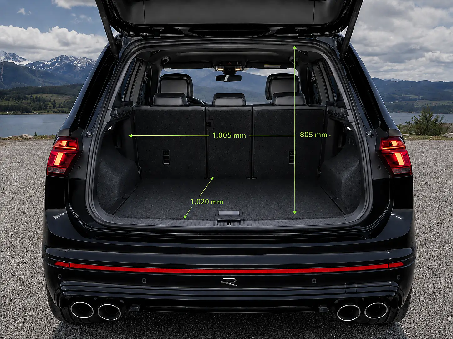 Open boot of a black VW Tiguan R with marked cargo dimensions Open boot of a black VW Tiguan R with marked cargo dimensions